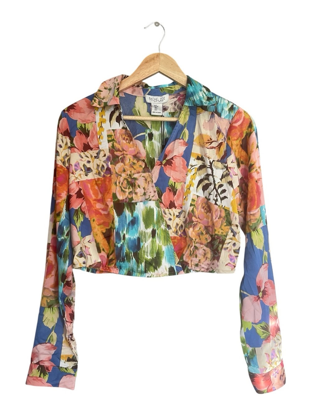 NWT Rachel Zoe Multicolor Floral Patchwork Cropped Button-Down Top